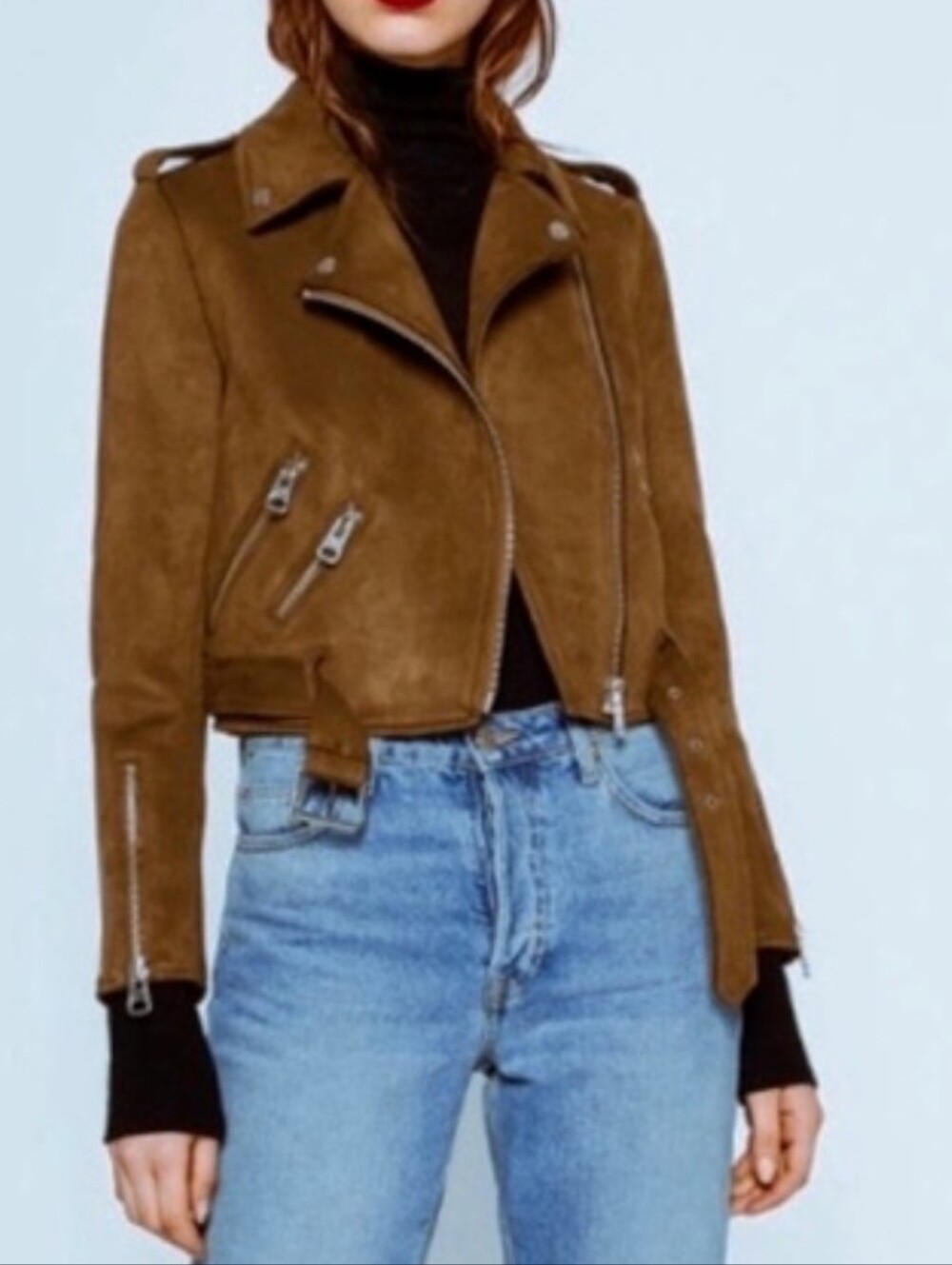 Zara Medium Suede Moto Jacket - Brown